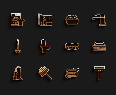 Elektrik süpürgesi, silecek, kazıyıcı, çamaşır makinesi, tişört köpüklü sabun, klozet fırçası temizlik ve sünger ikonu. Vektör