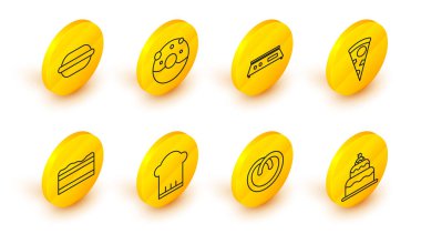 Cake, Pretzel, Chef şapkası, Brownie çikolatalı kek, pizza dilimi, elektronik pullar, tatlı jöleli çörek ve Macaron kurabiye ikonu. Vektör