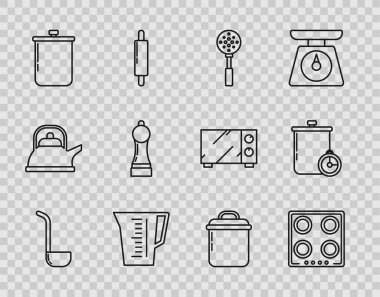 Mutfak kepçesi, gaz ocağı, spatula, ölçü kabı, tencere, biber ve mutfak kronometresi. Vektör