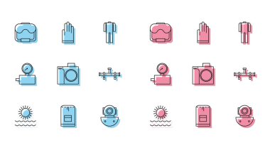 Sıra Sun ve dalgaları, Sırt çantası, Dalış maskesi, Aqualung, Dalgıç için fotoğraf makinesi, Manifold, Ölçek ve Eldiven simgesi. Vektör