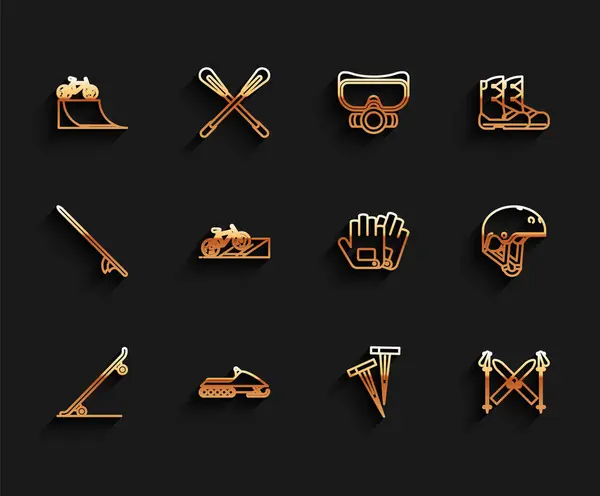 Set line Skateboard, Snowmobile, Bicycle on street ramp, Pegs for tents, Ski and sticks, Helmet and Gloves icon. Vector