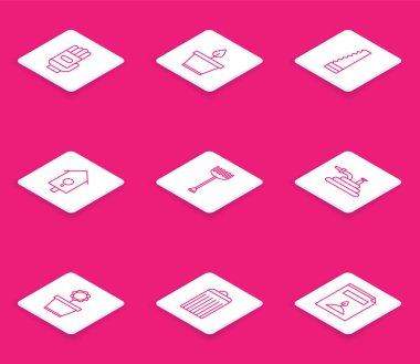 Sıralı bahçe eldivenleri, saksıya bitki, testere, duvar nöbeti, tırmık, hortum ya da yangın hortumu, çiçek ve çöp kutusu ikonu. Vektör