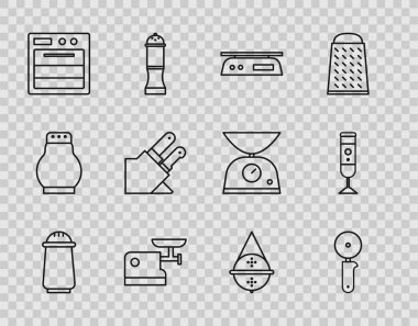 Tuz ve biber, pizza bıçağı, elektronik pullar, mutfak kıyma makinesi, fırın, bıçak, top çay süzgeci ve Blender ikonu. Vektör