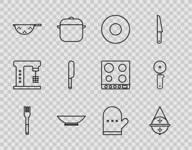 Fork, top çay süzgeci, tabak, kevgir, bıçak, fırın eldiveni ve pizza bıçağı ikonu. Vektör