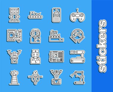 Robot, elektrikli süpürge, akıllı ev, işçi, baskılı devre kartı PCB ve fabrika taşıma sistemi ikonu. Vektör