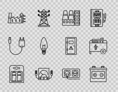 Hat bataryasını pakette, araba aküsünde, santralde ve fabrikada, Ampere ölçerde, multimetrede, voltmetrede, ampulde, elektrik prizinde ve taşınabilir elektrik jeneratörü ikonunda ayarla. Vektör