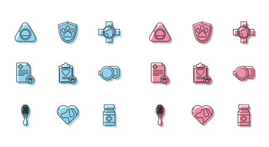 Köpek ve kedi için çizgi saç fırçası, evcil hayvan yatağı, köpek ilacı hapları, pano tıbbi kayıt evcil hayvanı, geri çekilebilir tasma ve hayvan sağlığı sigortası ikonu. Vektör