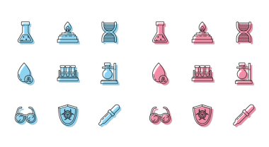 Laboratuvar bardaklarını, biyo-tehlike sembolünü kalkanlara test tüpleri ve matara kimyasallarını, Pipette 'i, stand, Water drop ve alkol ruh yakma ikonunu yerleştir. Vektör