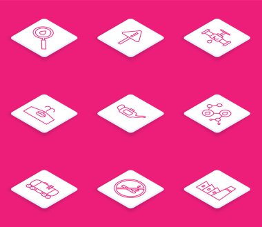 Yağ damlası, üçgende ünlem işareti su sızdıran kırık boru, Oilfield, motor yağı tenekesi, molekül, demiryolu sarnıcı ve sigara içilmeyen ikon. Vektör