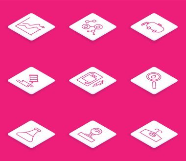 Petrol fiyatlarındaki artışı, molekül yağını, endüstriyel fabrika binasını, fıçı sızıntısını, kontrat parasını ve kalemini, benzin test tüpünü ve ölçü simgesini belirleyin. Vektör