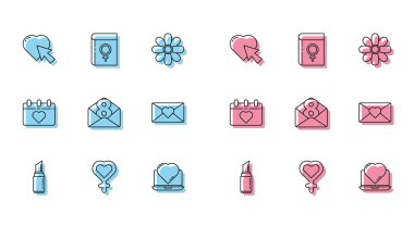 Sabit çizgi ruj, kadın cinsiyet sembolü, Kalp ve imleç tıklama, Online flört uygulaması sohbeti, Zarf ile 8 Mart, Takvim ve Kadın Simgesi. Vektör