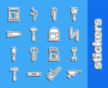 El arabası, İngiliz anahtarı, katlanan cetvel, Calliper veya kalibre ve ölçek, Hammer, Hand saw, çimento torbası ve boya kovası ikonu. Vektör