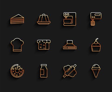 Donut, Sütlü Şişe, Pasta, Rolling pin hamuru, Dondurma külahı, Ekmek tostu ve Mutfak sökücü fan ikonu. Vektör