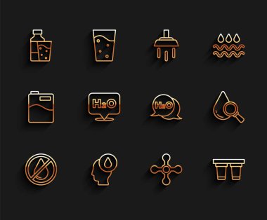 Hattı kurun. Su damlası yasaklandı. Cam, tap, filtre, kimyasal formül H2O, damla ve büyütme ve ikon ile su şişesi yasaklandı. Vektör