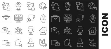 Set Zamanı Yönetimi, Çevrimiçi Çalışma, Freelancer, Video sohbet konferansı, Çanta, Proje ekibi tabanı ve simgesi. Vektör