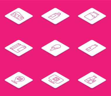 Çizgili peynir, şişede krem şanti, sütle şişe kefir için kağıt paketi, buzlu waffle konisi yoğurt ve ikon. Vektör