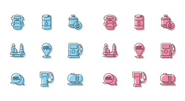 Sözcük yağı, benzin istasyonu, petrol tankeri gemisi, depolama, yakıt ikonu, deniz platformu ve fıçı ikonu ayarlayın. Vektör