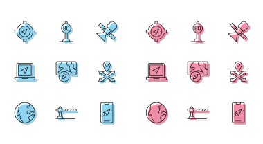 Hat Dünya küresi, park yeri bariyeri, pusula, şehir haritası navigasyonu, konum bilgisi ve hız sınırı olan dizüstü bilgisayarı ayarlayın. Vektör