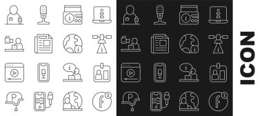 Satır Oluştur hesabı, Gazeteci kimliği kartı, uydu, radyo kanalı haberleri, son dakika haberleri ve dünya ikonu. Vektör