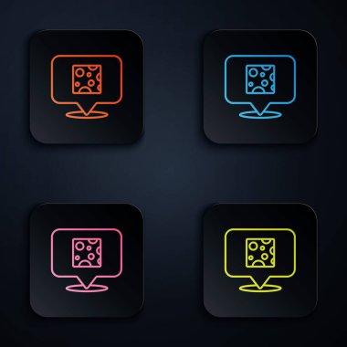 Renkli neon çizgili peynir simgesi siyah arkaplanda izole edilmiş. Kare düğmelere simgeleri yerleştir. Vektör.