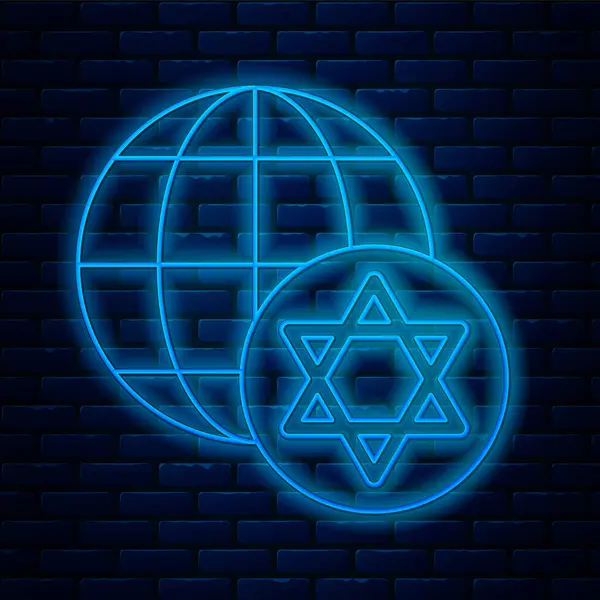 Glowing Neon Line World Globe Israel Icon Isolated Brick Wall — Stock Vector