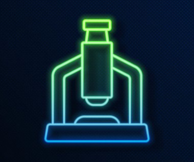 Parlayan neon hattı mikroskop simgesi mavi arkaplanda izole edildi. Kimya, ilaç aleti, mikrobiyoloji büyütme aracı. Vektör