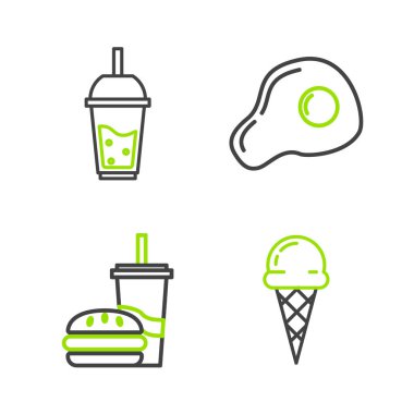 Dondurmayı waffle külahına koy, kamış ve burgerli kağıt bardak çırpılmış yumurta ve bir bardak limonata ikonu. Vektör