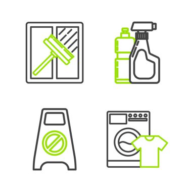 Sıralı çamaşır makinesi ve tişört, ıslak zemin temizliği sıvı bulaşık deterjanı için plastik şişeler ve silecek, kazıyıcı, silecek ikonu. Vektör