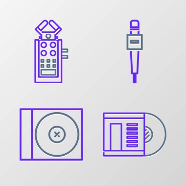 Satır: Vinil disk, CD veya DVD, Mikrofon ve simge. Vektör