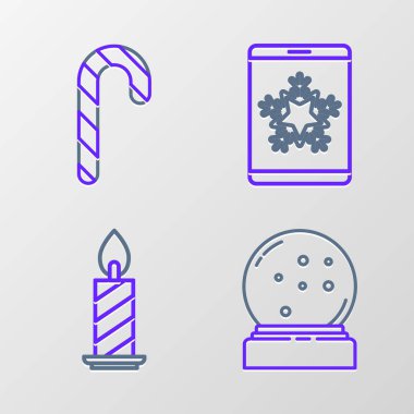 Kar yağan Noel kar küresi, şamdanda yanan mum, akıllı telefon kar tanesi ve şeker kamışı çizgili simge. Vektör