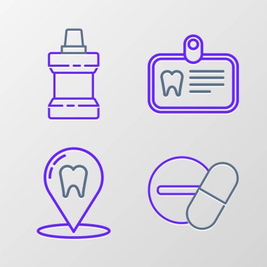 İlaç hapı ya da tablet, dişçi kliniği konumu diş macunu ve gargara plastik şişe ikonu olan kimlik kartı. Vektör