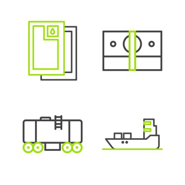 Petrol tankeri gemisi, demiryolu deposu, kağıt para yığını ve varil petrol ikonu. Vektör