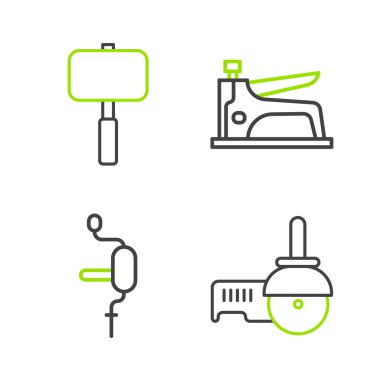 Hat açı öğütücü, el matkabı, inşaat zımbası ve balyoz simgesi. Vektör