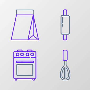 Mutfak çırpıcısı, fırın, merdane iğnesi ve kahve çekirdeği ikonu. Vektör