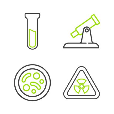 Radyasyon, Bakteri, Teleskop, Test tüpü ve matara ikonu ile çizgi üçgeni oluşturun. Vektör
