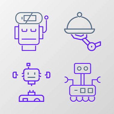 Robot, Parçalanmış Robot, Garson ve düşük akü şarj ikonu ayarlayın. Vektör