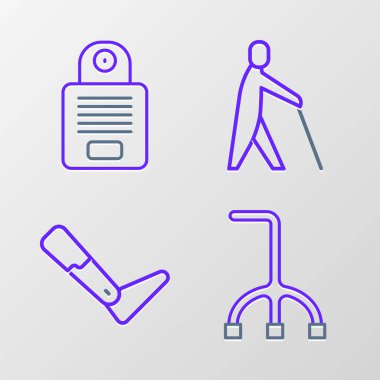 Çizgi çubuk bastonu, protez bacak, insan sarılması ve Intercom ikonu. Vektör