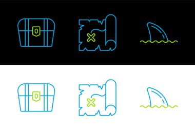 Okyanus dalgasında köpekbalığı yüzgeci, antik hazine sandığı ve korsan harita ikonu. Vektör