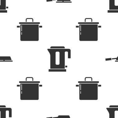 Kızartma tavasını, elektrikli su ısıtıcısını ve tencereyi kusursuz bir şekilde hazırlayın. Vektör.