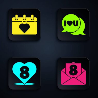 Zarfı 8 Mart 'la, takvimi 8 Mart' la, kalbi 8 Mart 'la ve konuşma baloncuğunu da seni seviyorum ile ayarla. Siyah kare düğme. Vektör.