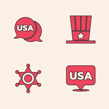 ABD 'nin Bağımsızlık Günü, Vatansever Amerikan silindir şapkası ve Hexagram Şerif ikonu. Vektör