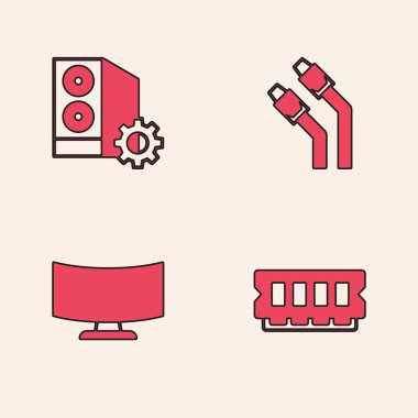 RAM, rastgele erişim belleği, bilgisayar vakası, LAN kablo ağı interneti ve Bilgisayar monitör simgesi ayarla. Vektör