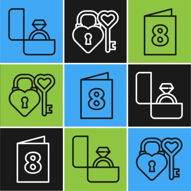 Kristal nişan yüzüğü, içinde 8 Mart ve Castle yazılı tebrik kartı ve kalp şeklindeki anahtar. Vektör.