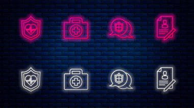 İlk yardım çantası, konum kalkanı, hayat sigortası ve belge ayarlayın. Tuğla duvarda parlayan neon simgesi. Vektör