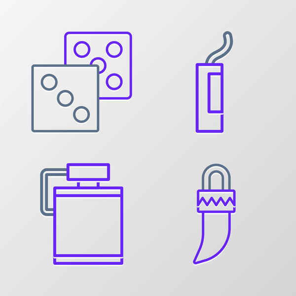 Set line Tooth, Canteen water bottle, Dynamite bomb and Game dice icon. Vector