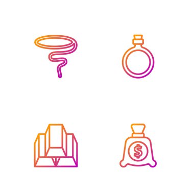 Para çantası, altın külçeler, kement ve matara. Renk simgeleri. Vektör