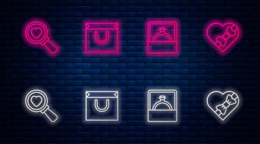 Alış veriş çantası, elmas nişan yüzüğü, arama kalbi, sevgi ve şeker şeklinde bir kutu. Tuğla duvarda parlayan neon simgesi. Vektör