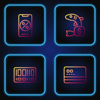 Hat kartı, barkod, yüzde indirim ve cep telefonu ve balık için fiyat etiketi ayarla. Renk simgeleri. Vektör