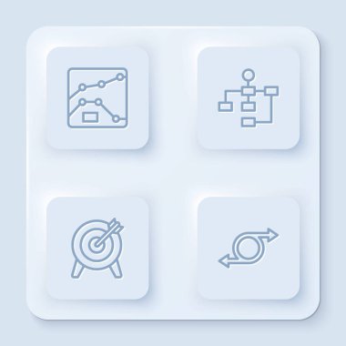 Çizgi, grafik, diyagram, hiyerarşi organogramı, hedef ve oku ayarla. Beyaz kare düğme. Vektör