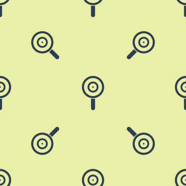 Mavi lolipop ikonu sarı arka planda kusursuz desen izole etti. Şeker işareti. Yemek, lezzetli bir sembol. Vektör.